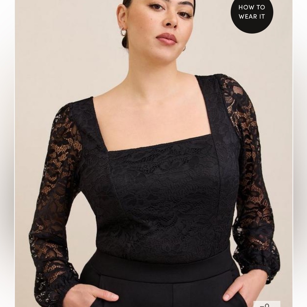 Torrid Size 1 Black Lace Square Neck Long Sleeve Sweetheart Top NWT